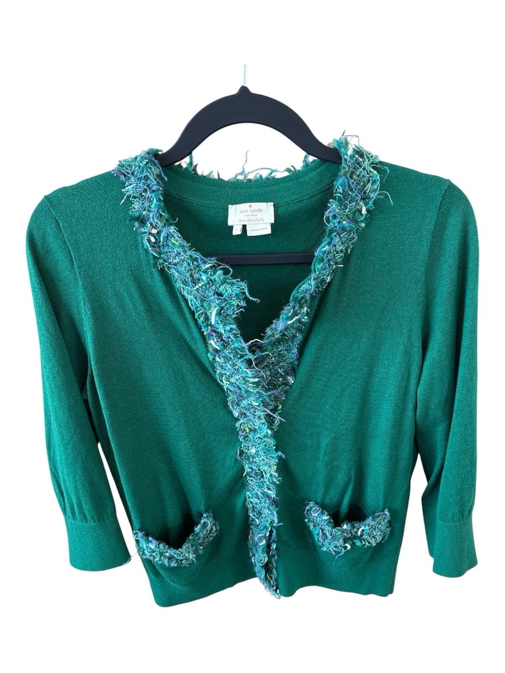 kate spade Teal Fringe-Trim Open Cardigan